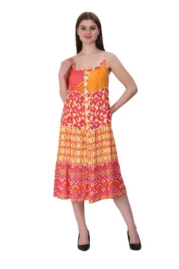 Strap dress with combined fabric in retr ...