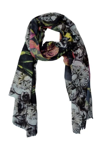 Scarf with yellow and rose flowers based on black 