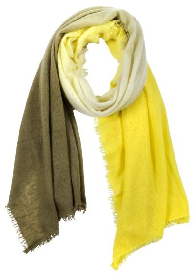 Filted cashmere scarf with dip dyed colorway in yellow and khaki