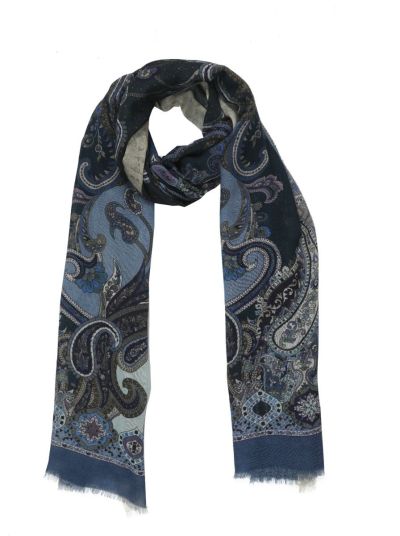 Scarf with paisley print in blue and grey