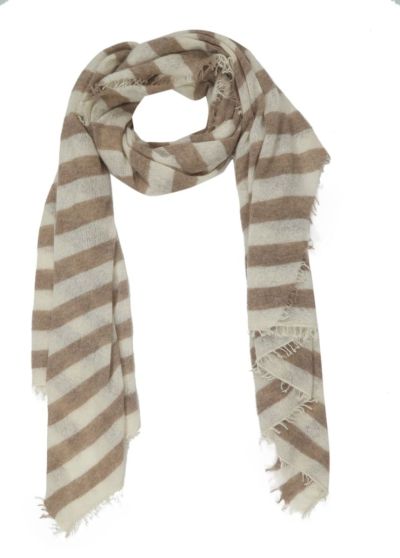 Knitted Cashmere scarf with stripesin ecru and brown