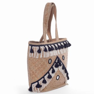 Straw basket bag black / white 