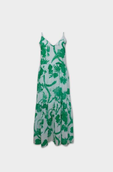 Long strap dress in green white print
