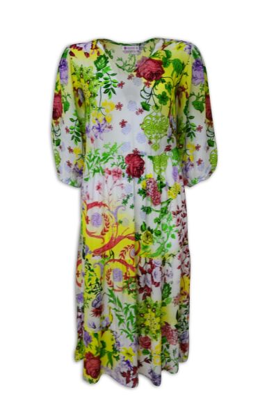 Wide dress in green white with flowers