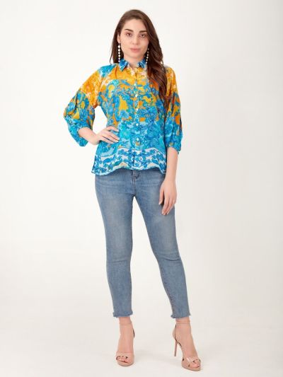 Blouse in blue yellow ornament print