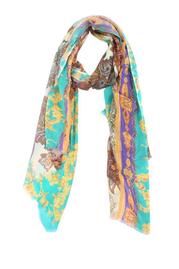 Fine scarf with colorfull versace like design in green, gold and brown
