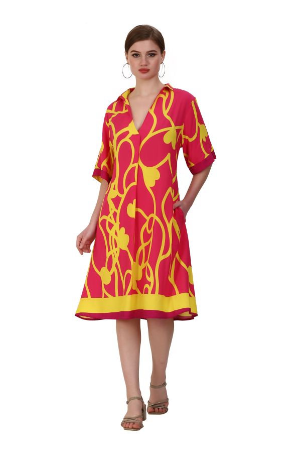 Dress with doodle design in pink and yellow