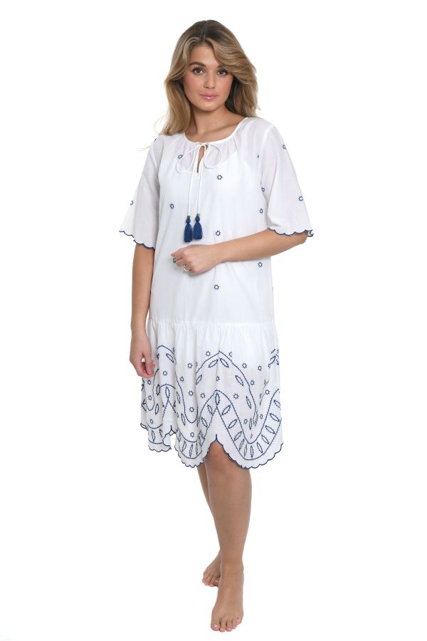 white dress with navy embroidery